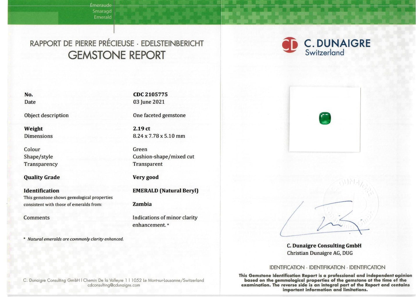 8.02x7.69x5.52mm Cushion Emerald (1 pc 2.19 ct)
